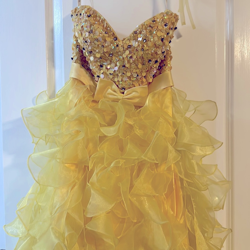 Yellow Sequined High Low Ruffled Formal Dress